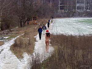 Santa hat teen showing her perfect naked body on the snowy streets
